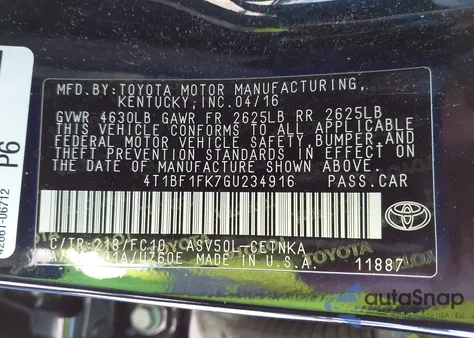 2016 Toyota Camry Le z USA, uszkodzony, nr VIN 4T1BF1FK7GU234916